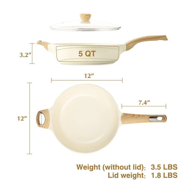 Alt view image 6 of 7 - Ceramic Nonstick Frying Pan Skillet with Lid, 12 Inch Large Deep Frying Pan, 5 QT Saute Pan, Induction Pan, Healthy Non Toxic Cooking Pan with Helper Handle, PFOA PFAS PTFE Free
