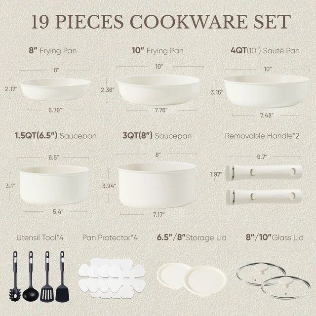 Alt view image 2 of 7 - 19pcs Pots and Pans Set Non Stick, Detachable Handle Cookware, White | Induction Compatible, Dishwasher & Oven Safe, Kitchen Organization, Cooking Set for Camping/RV/Traveling, House Warming Gift