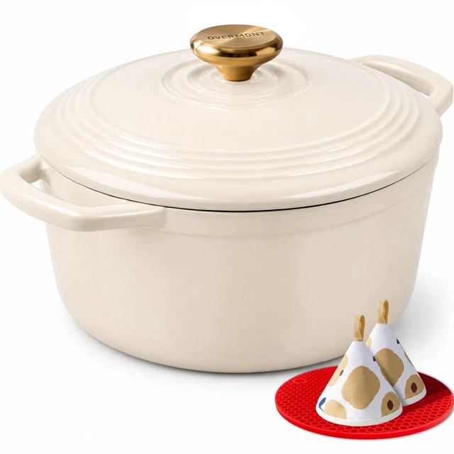 Main image of Enameled Cast Iron Dutch Oven - 5.5QT Pot with Lid Cookbook & Cotton Potholders - Heavy-Duty Cookware for Braising, Stews, Roasting, Sourdough Baking White