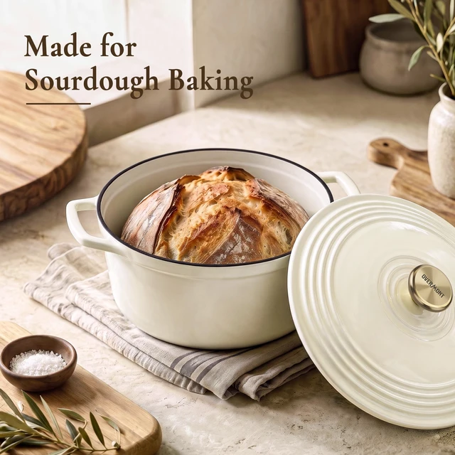 Alt view image 2 of 7 - Enameled Cast Iron Dutch Oven - 5.5QT Pot with Lid Cookbook & Cotton Potholders - Heavy-Duty Cookware for Braising, Stews, Roasting, Sourdough Baking White