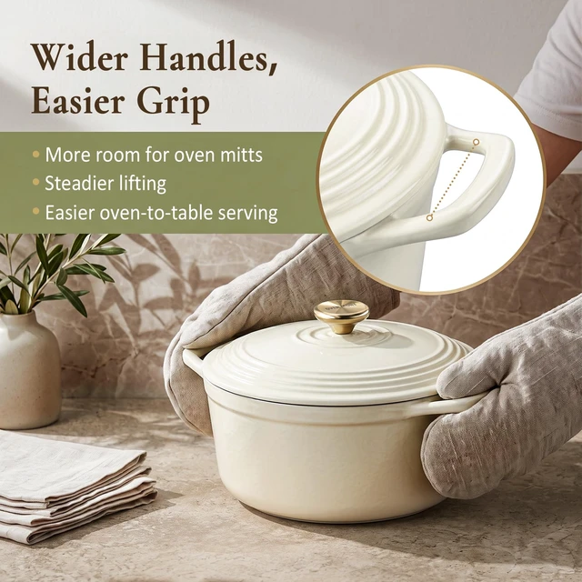 Alt view image 4 of 7 - Enameled Cast Iron Dutch Oven - 5.5QT Pot with Lid Cookbook & Cotton Potholders - Heavy-Duty Cookware for Braising, Stews, Roasting, Sourdough Baking White