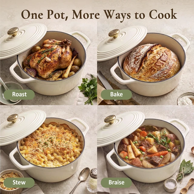 Alt view image 6 of 7 - Enameled Cast Iron Dutch Oven - 5.5QT Pot with Lid Cookbook & Cotton Potholders - Heavy-Duty Cookware for Braising, Stews, Roasting, Sourdough Baking White