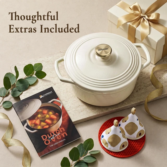 Alt view image 7 of 7 - Enameled Cast Iron Dutch Oven - 5.5QT Pot with Lid Cookbook & Cotton Potholders - Heavy-Duty Cookware for Braising, Stews, Roasting, Sourdough Baking White