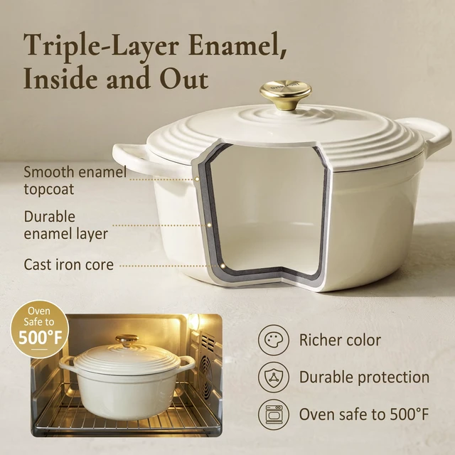 Alt view image 5 of 7 - Enameled Cast Iron Dutch Oven - 5.5QT Pot with Lid Cookbook & Cotton Potholders - Heavy-Duty Cookware for Braising, Stews, Roasting, Sourdough Baking White