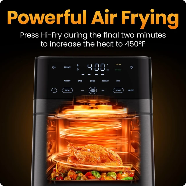 Alt view image 7 of 7 - Air Fryer 6-in-1, XL 14-Quart Multifunctional Airfryer with Touchscreen Controls, Rotisserie, Food Dehydrator, Convection Oven, Bake, Broil, and Reheat Functions, Windowed Door Black