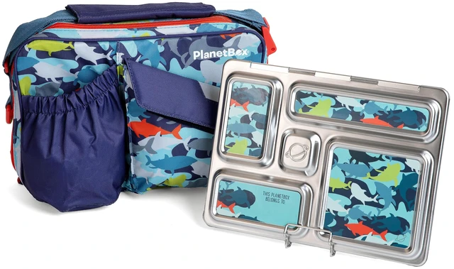 Main image of Rover Stainless Steel Bento Box Kit Camo Shark | Features 5 Compartments, Includes Insulated Bag & Containers, Fun Camo Shark Magnets, Durable Stainless Steel