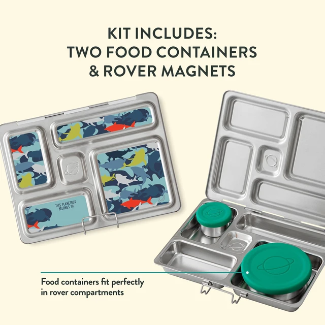 Alt view image 6 of 7 - Rover Stainless Steel Bento Box Kit Camo Shark | Features 5 Compartments, Includes Insulated Bag & Containers, Fun Camo Shark Magnets, Durable Stainless Steel