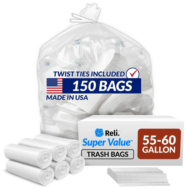 Main image of 55-60 Gallon Trash Bags Heavy Duty | 150 Trash Bags with Ties | Super Sizeable, Clear, Serious Garbage Cleanup