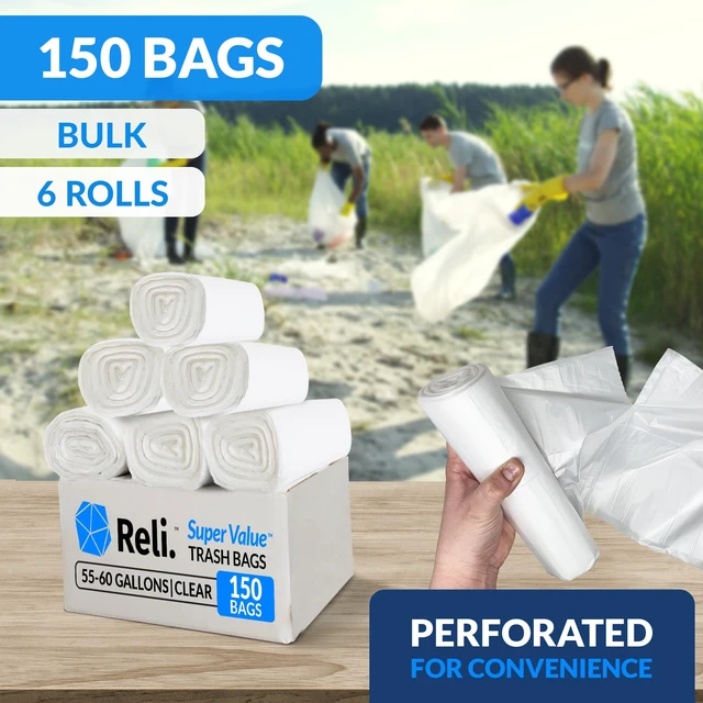 Alt view image 3 of 7 - 55-60 Gallon Trash Bags Heavy Duty | 150 Trash Bags with Ties | Super Sizeable, Clear, Serious Garbage Cleanup