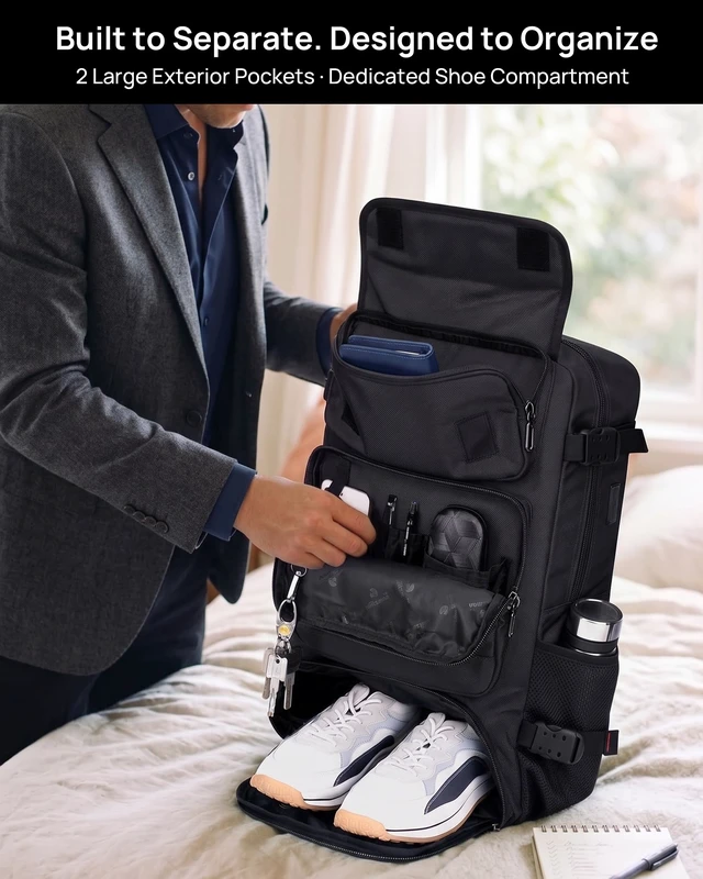 Alt view image 3 of 7 - Carry on Travel Backpack for Men Airline Approved Fits 16" Laptop | Nylon 3 in 1 Luggage Duffle Bag with USB Charging Port, Shoe Compartment, For Weekend Getaway, Overnight Trip, B682 Black