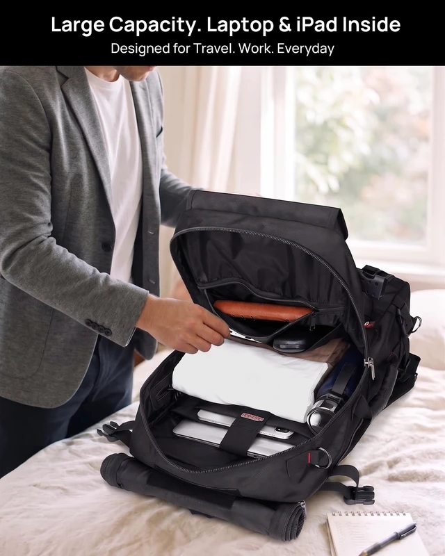 Alt view image 4 of 7 - Carry on Travel Backpack for Men Airline Approved Fits 16" Laptop | Nylon 3 in 1 Luggage Duffle Bag with USB Charging Port, Shoe Compartment, For Weekend Getaway, Overnight Trip, B682 Black