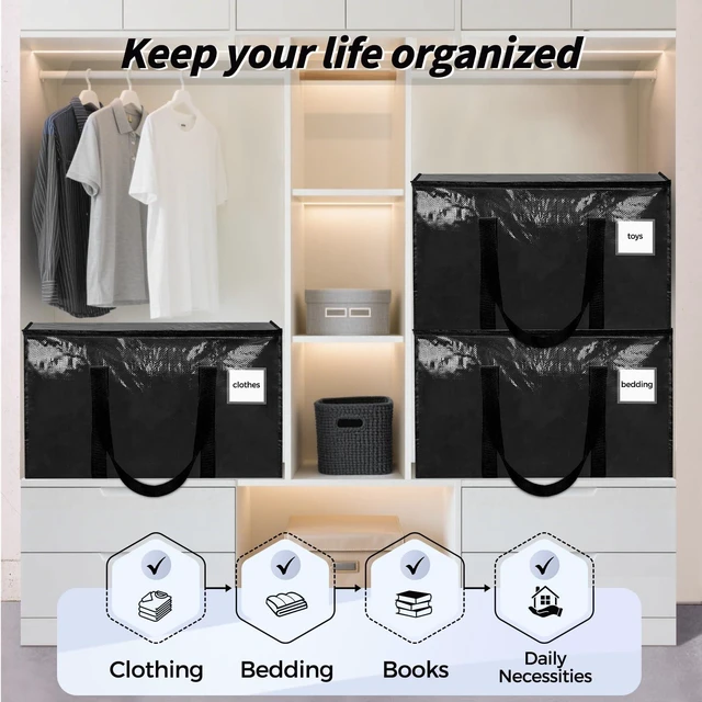 Alt view image 7 of 7 - 16 Pack Extra Large Clothes Storage Bins with Lids, Black | Storage Bags with Reinforced Handles & Heavy-Duty Zippers, Moving Bags Boxes Totes for Clothes Packing, Dorms, College