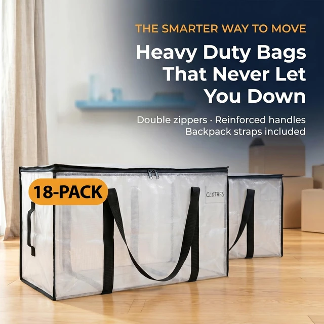 Alt view image 2 of 7 - Heavy Duty Moving Bags or Storage Bins with Lids, Clear, 18 Pack | Extra large moving bags with reinforced handles hold clothes, bedding, blankets, and household essentials with ease