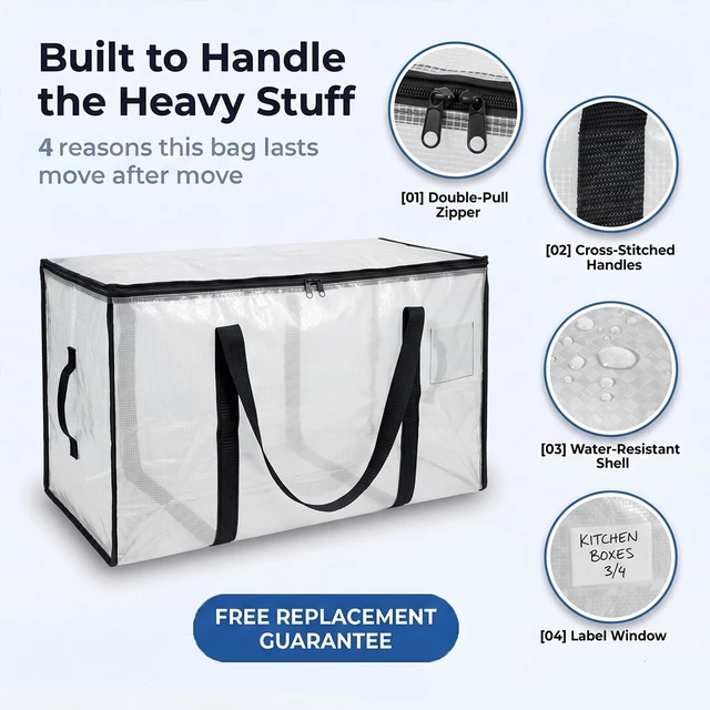 Alt view image 3 of 7 - Heavy Duty Moving Bags or Storage Bins with Lids, Clear, 18 Pack | Extra large moving bags with reinforced handles hold clothes, bedding, blankets, and household essentials with ease