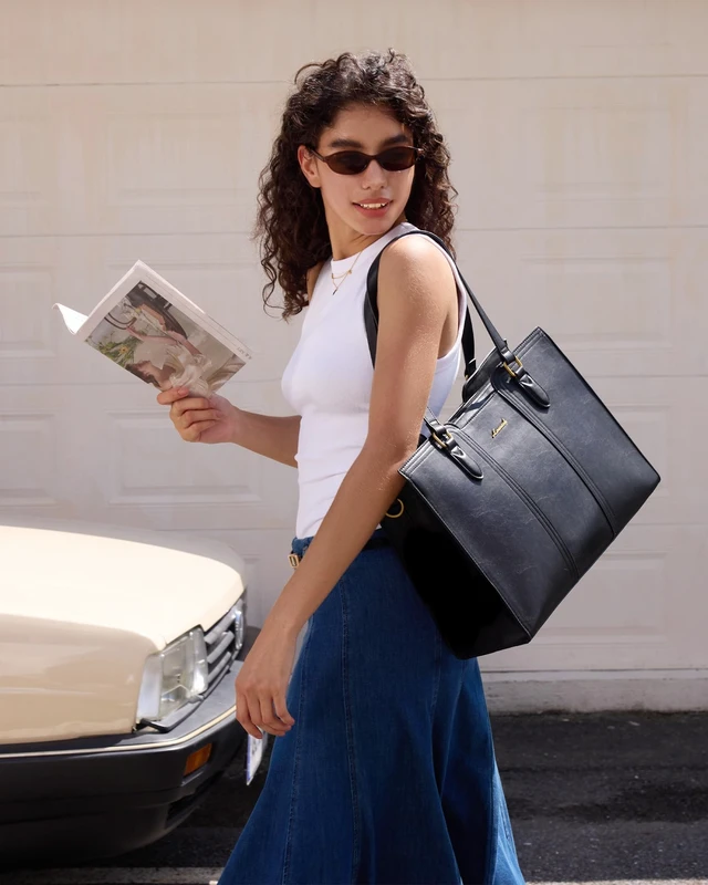 Alt view image 2 of 6 - 17.3 inch Laptop Tote Bag for Women - Waterproof Work Bag for Women & Vintage Computer Bag with Wristlet, Black