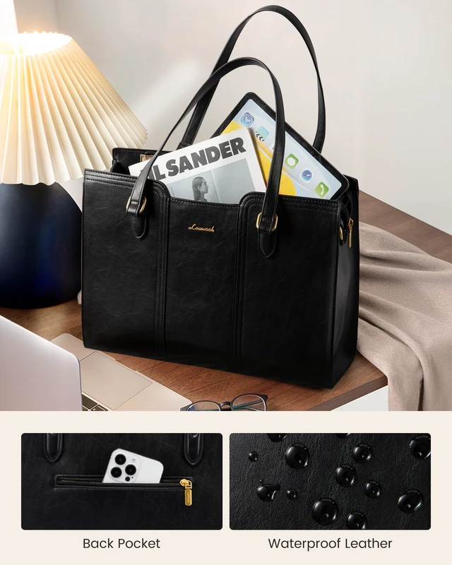 Alt view image 3 of 6 - 17.3 inch Laptop Tote Bag for Women - Waterproof Work Bag for Women & Vintage Computer Bag with Wristlet, Black