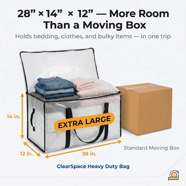 Alt view image 4 of 7 - Heavy Duty Moving Bags or Storage Bins with Lids, Clear, 18 Pack | Extra large moving bags with reinforced handles hold clothes, bedding, blankets, and household essentials with ease
