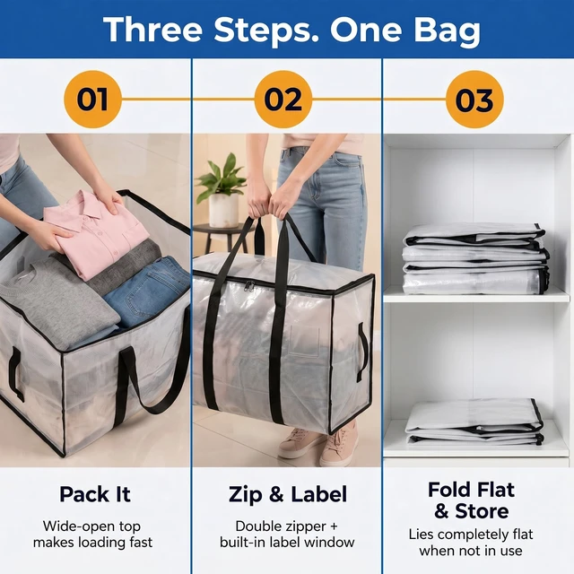 Alt view image 5 of 7 - Heavy Duty Moving Bags or Storage Bins with Lids, Clear, 18 Pack | Extra large moving bags with reinforced handles hold clothes, bedding, blankets, and household essentials with ease