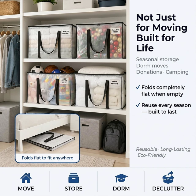 Alt view image 7 of 7 - Heavy Duty Moving Bags or Storage Bins with Lids, Clear, 18 Pack | Extra large moving bags with reinforced handles hold clothes, bedding, blankets, and household essentials with ease