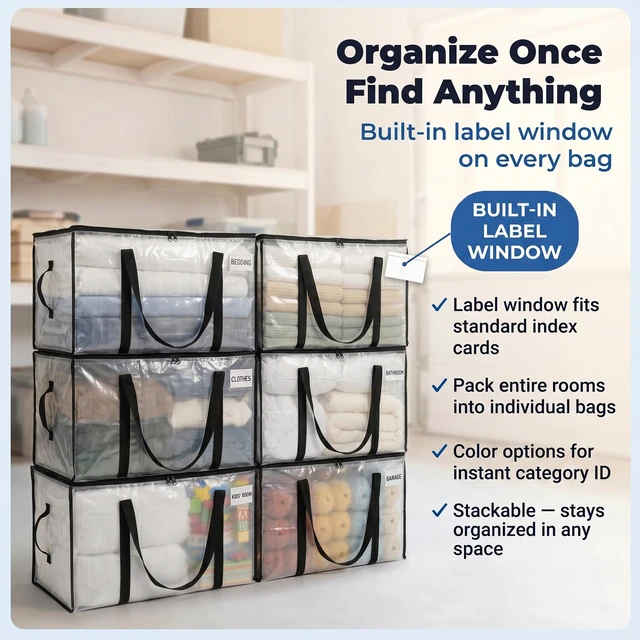 Alt view image 6 of 7 - Heavy Duty Moving Bags or Storage Bins with Lids, Clear, 18 Pack | Extra large moving bags with reinforced handles hold clothes, bedding, blankets, and household essentials with ease
