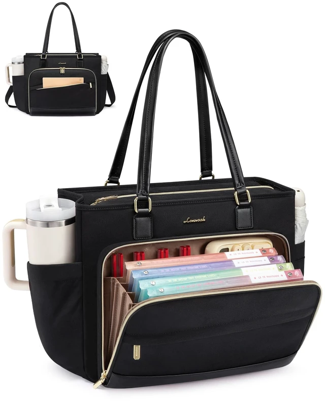 Main image of Teacher Tote Bag, 17.3 Inch Laptop Bag with Accordion File Organizer & Large Cup Holder, Professional Waterproof Black Nurse Work Tote Bag for Office & Business