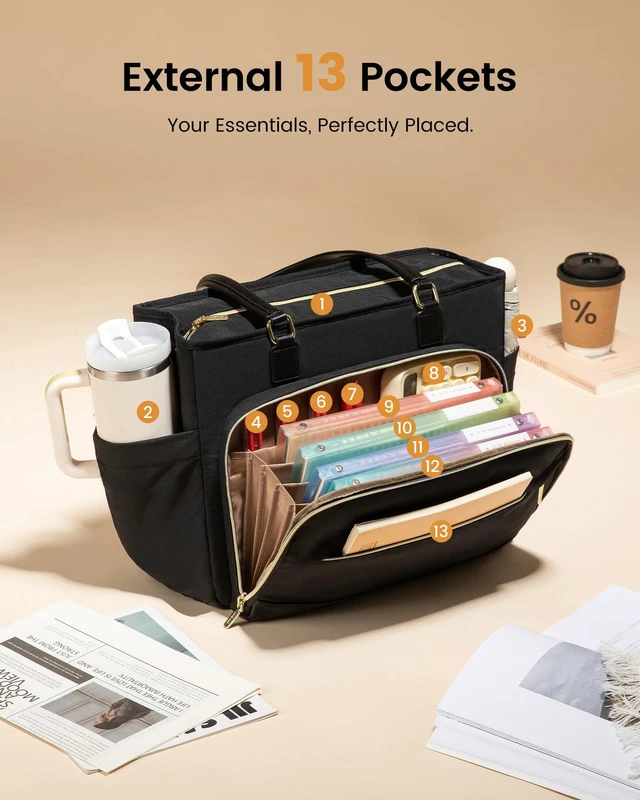 Alt view image 6 of 6 - Teacher Tote Bag, 17.3 Inch Laptop Bag with Accordion File Organizer & Large Cup Holder, Professional Waterproof Black Nurse Work Tote Bag for Office & Business
