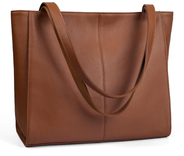 Main image of Genuine Leather Tote Bag for Women Work Travel Leather Purse Handbags | Real Leather, Padded 14" Laptop Compartment, Multi-Pockets, Zipper, Tote Bag for Daily, Brown