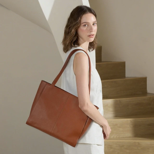 Alt view image 2 of 7 - Genuine Leather Tote Bag for Women Work Travel Leather Purse Handbags | Real Leather, Padded 14" Laptop Compartment, Multi-Pockets, Zipper, Tote Bag for Daily, Brown