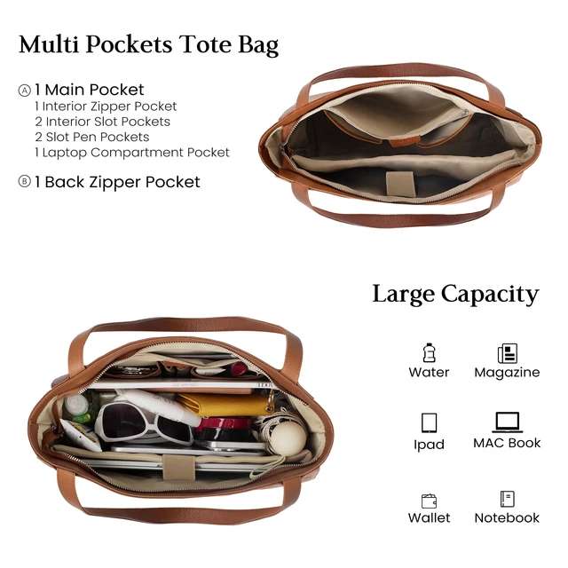 Alt view image 3 of 7 - Genuine Leather Tote Bag for Women Work Travel Leather Purse Handbags | Real Leather, Padded 14" Laptop Compartment, Multi-Pockets, Zipper, Tote Bag for Daily, Brown