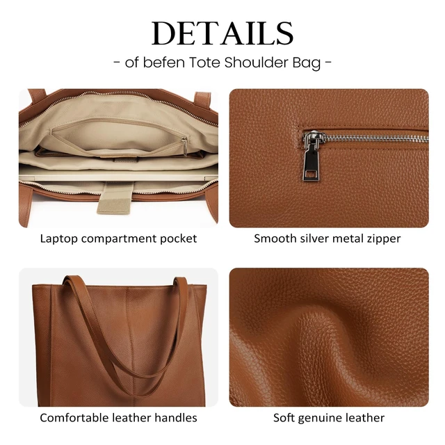 Alt view image 5 of 7 - Genuine Leather Tote Bag for Women Work Travel Leather Purse Handbags | Real Leather, Padded 14" Laptop Compartment, Multi-Pockets, Zipper, Tote Bag for Daily, Brown