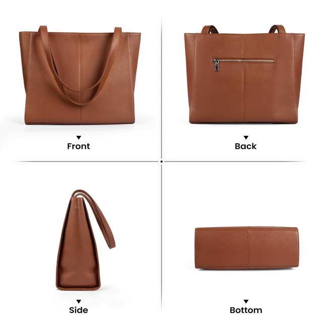 Alt view image 6 of 7 - Genuine Leather Tote Bag for Women Work Travel Leather Purse Handbags | Real Leather, Padded 14" Laptop Compartment, Multi-Pockets, Zipper, Tote Bag for Daily, Brown