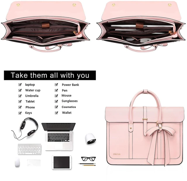 Alt view image 4 of 7 - Laptop Bag for Women, 17 inch PU Leather Laptop Shoulder Bags | 17.3 inch Messenger Bags Convertible Backpack Casual Handbag Work Briefcase Travel Computer Bag with Bowknot, Pink