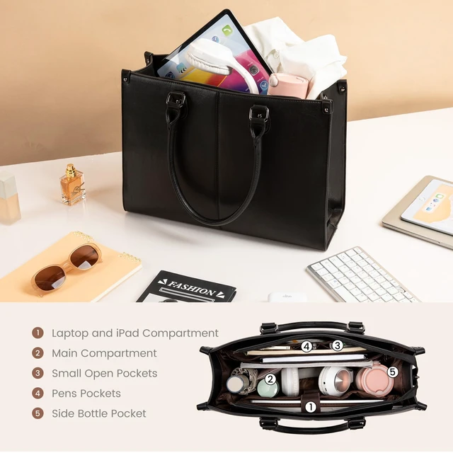 Alt view image 3 of 7 - Laptop Tote Bag for Women, 17.3 Inch Professional Work Bag with Matching Clutch, Waterproof Vintage Leather Computer Tote for Office, Business Travel & Daily Use, Gift for Women