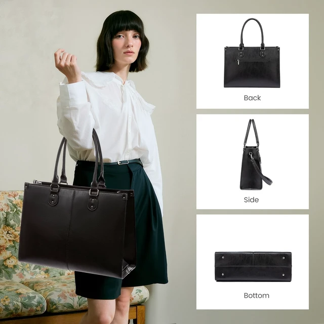 Alt view image 6 of 7 - Laptop Tote Bag for Women, 17.3 Inch Professional Work Bag with Matching Clutch, Waterproof Vintage Leather Computer Tote for Office, Business Travel & Daily Use, Gift for Women