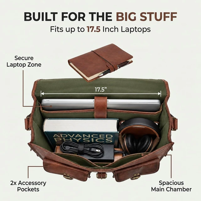 Alt view image 3 of 7 - Leather Messenger Bag for Men, 18 Inch Laptop Crossbody, Handmade Leather Shoulder Satchel Bag for Men, Full Grain Business Briefcase for Office/Work/Travel - Vintage Brown