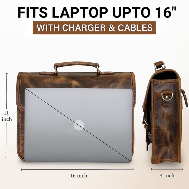Alt view image 2 of 6 - Leather Messenger Bag for Men - 16 Inch Laptop Briefcase, Office Satchel | Fits 16" Laptop & Documents, Top-handle, Removable Shoulder Strap, Brass Fittings, Luggage Sleeve, Organized Pockets, Brown