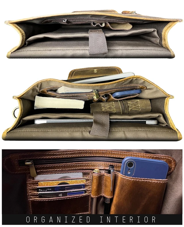 Alt view image 4 of 6 - Leather Messenger Bag for Men - 16 Inch Laptop Briefcase, Office Satchel | Fits 16" Laptop & Documents, Top-handle, Removable Shoulder Strap, Brass Fittings, Luggage Sleeve, Organized Pockets, Brown