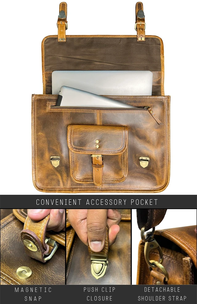 Alt view image 3 of 6 - Leather Messenger Bag for Men - 16 Inch Laptop Briefcase, Office Satchel | Fits 16" Laptop & Documents, Top-handle, Removable Shoulder Strap, Brass Fittings, Luggage Sleeve, Organized Pockets, Brown
