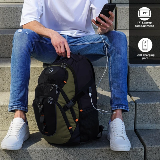 Alt view image 2 of 7 - Design Laptop Backpack, Travel Backpack with USB Charging Port Fits 15.6 inches Computer, 31L College School Bookbag for Men,Olive/Black | SD803-26