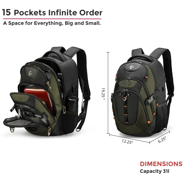 Alt view image 3 of 7 - Design Laptop Backpack, Travel Backpack with USB Charging Port Fits 15.6 inches Computer, 31L College School Bookbag for Men,Olive/Black | SD803-26