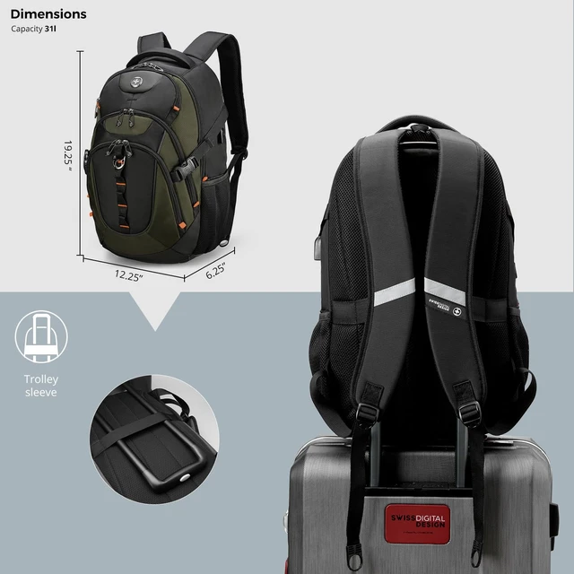 Alt view image 7 of 7 - Design Laptop Backpack, Travel Backpack with USB Charging Port Fits 15.6 inches Computer, 31L College School Bookbag for Men,Olive/Black | SD803-26