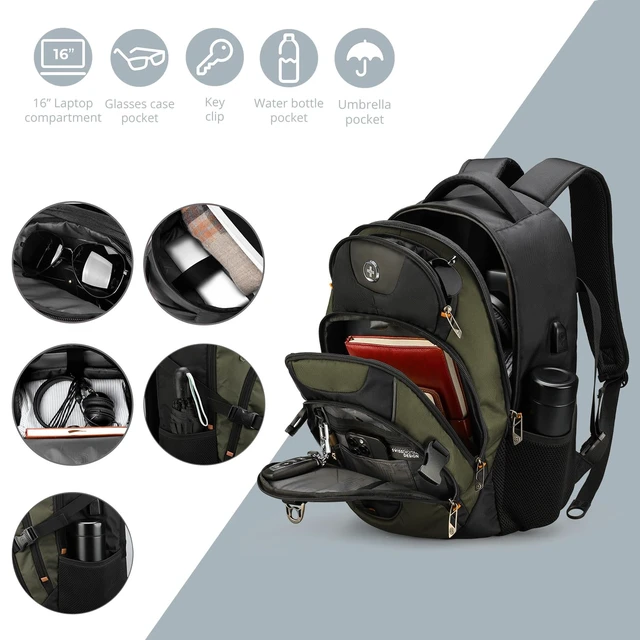 Alt view image 6 of 7 - Design Laptop Backpack, Travel Backpack with USB Charging Port Fits 15.6 inches Computer, 31L College School Bookbag for Men,Olive/Black | SD803-26