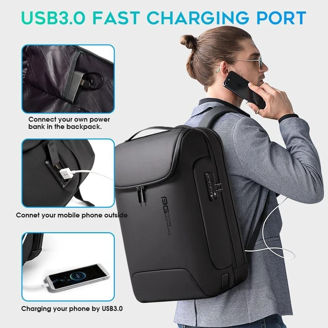 Alt view image 7 of 7 - Men's Anti-Theft Backpack,Waterproof Fashion Travel Backpacks,High Tech Backpack with USB3.0 Charging Port,Business Laptop Backpack Fits 17.3 Inch Notebook