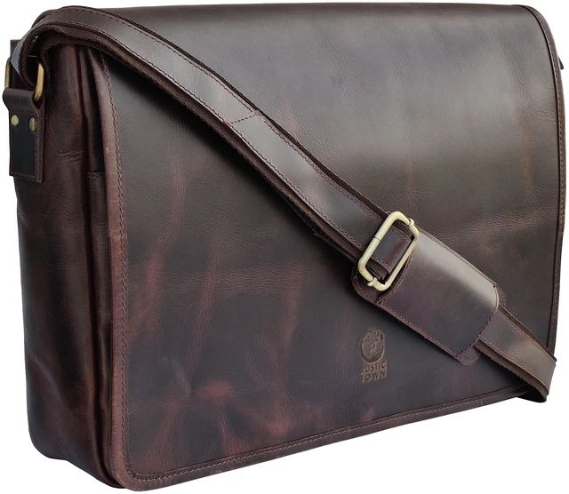 Main image of Leather Messenger Bag for Men - 16 Inch Full Grain Vintage Laptop Satchel Crossbody Office Bag Fits 16" Laptop, Quick Access Pockets, Adjustable Shoulder Strap, Magnetic Closure, Travel Trolley Strap