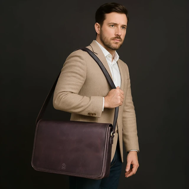 Alt view image 2 of 7 - Leather Messenger Bag for Men - 16 Inch Full Grain Vintage Laptop Satchel Crossbody Office Bag Fits 16" Laptop, Quick Access Pockets, Adjustable Shoulder Strap, Magnetic Closure, Travel Trolley Strap