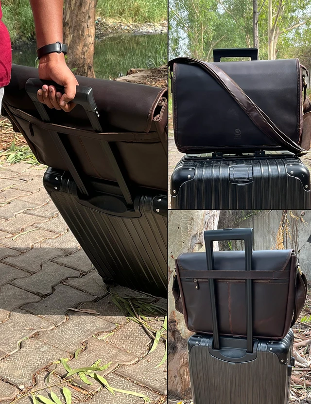 Alt view image 3 of 7 - Leather Messenger Bag for Men - 16 Inch Full Grain Vintage Laptop Satchel Crossbody Office Bag Fits 16" Laptop, Quick Access Pockets, Adjustable Shoulder Strap, Magnetic Closure, Travel Trolley Strap