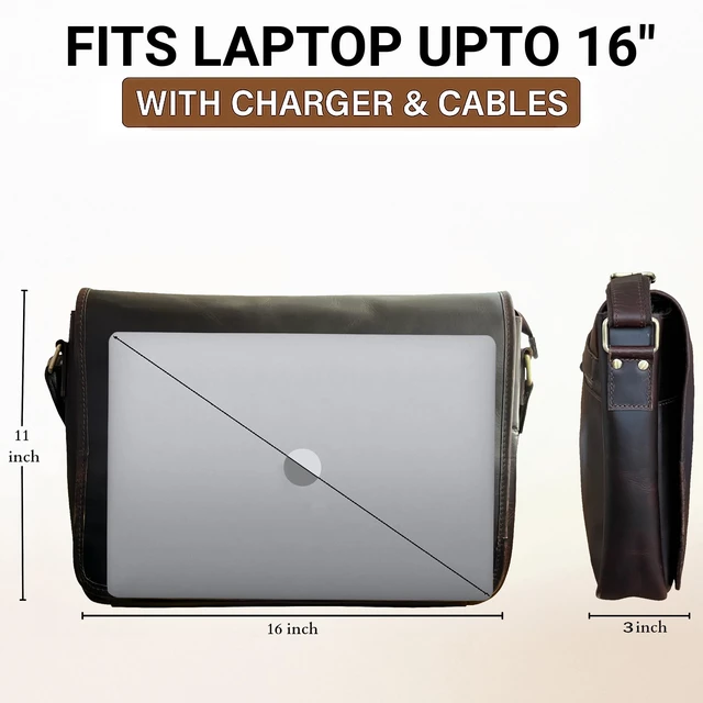 Alt view image 4 of 7 - Leather Messenger Bag for Men - 16 Inch Full Grain Vintage Laptop Satchel Crossbody Office Bag Fits 16" Laptop, Quick Access Pockets, Adjustable Shoulder Strap, Magnetic Closure, Travel Trolley Strap