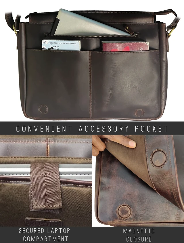 Alt view image 5 of 7 - Leather Messenger Bag for Men - 16 Inch Full Grain Vintage Laptop Satchel Crossbody Office Bag Fits 16" Laptop, Quick Access Pockets, Adjustable Shoulder Strap, Magnetic Closure, Travel Trolley Strap