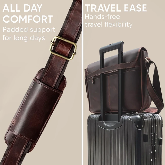 Alt view image 7 of 7 - Leather Messenger Bag for Men - 16 Inch Full Grain Vintage Laptop Satchel Crossbody Office Bag Fits 16" Laptop, Quick Access Pockets, Adjustable Shoulder Strap, Magnetic Closure, Travel Trolley Strap