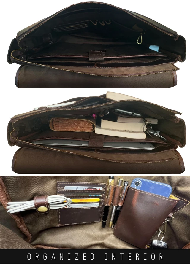 Alt view image 6 of 7 - Leather Messenger Bag for Men - 16 Inch Full Grain Vintage Laptop Satchel Crossbody Office Bag Fits 16" Laptop, Quick Access Pockets, Adjustable Shoulder Strap, Magnetic Closure, Travel Trolley Strap